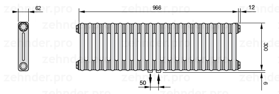Схема (чертеж) Радиатор Zehnder Charleston 2030/21 №5410 Белый глянцевый RAL 9016